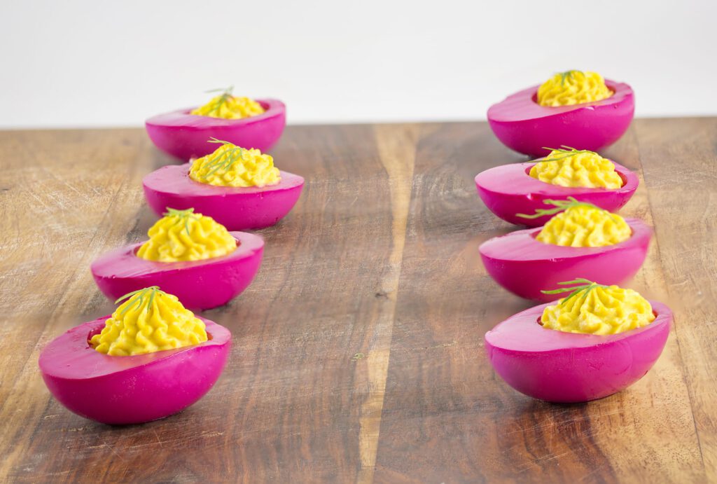 Beet Infused Curried Deviled Eggs