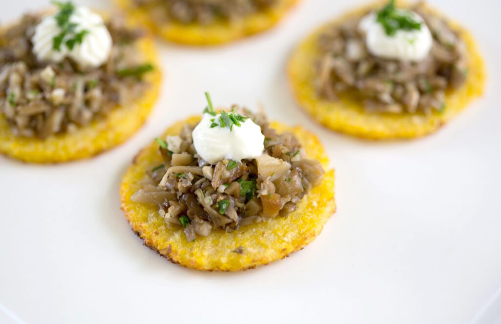 Maitake Mushrooms and Purslane with Polenta Crostini