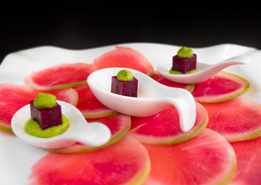 Beet Tartare with Avocado-Lime Cream and Black Tahini