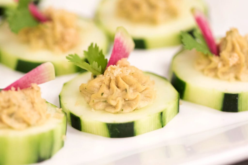 Cucumber Bites with Thai Peanut and Cultured Sriracha Hummus