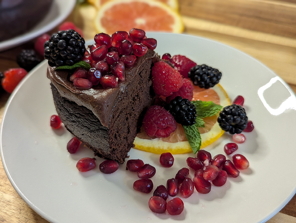 Chocolate Date Cake with Almond Butter Frosting and Fresh Fruit
