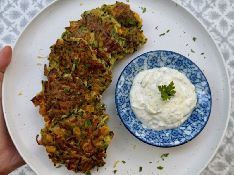 Corn and Zucchini Fritters with Lemon-Herb Cream