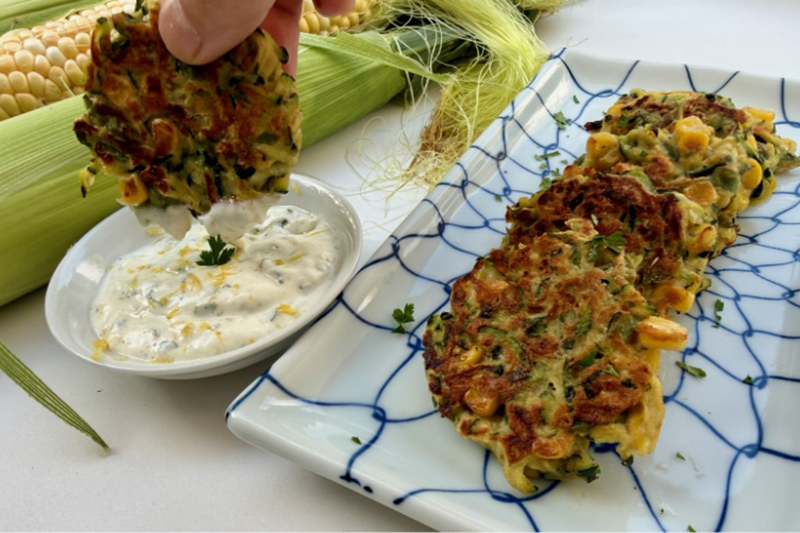 Corn and Zucchini Fritters with Lemon-Herb Cream Feature