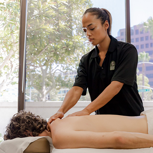 Female Massage Therapist providing massage to male client