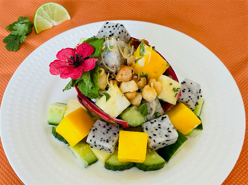 Dee Cartier Bauman College Holistic Chef Program Student Best Written Recipe Tropical Dragon Fruit Crunch Salad w Cool Herbed Coconut Lime Dressing