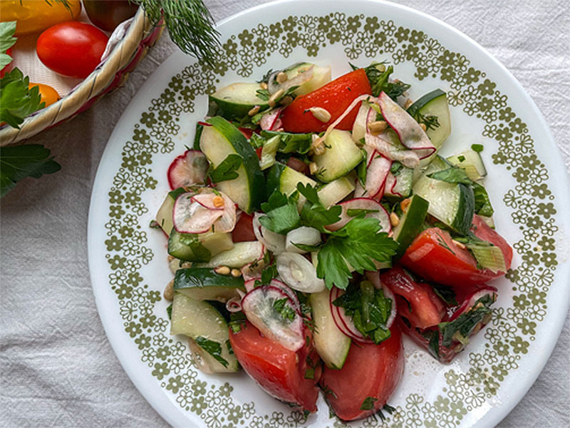 Katelyn Ritchie Bauman College Holistic Chef Student Best Presentation Recipe Summertime Tomato, Cucumber, and Radish Salad